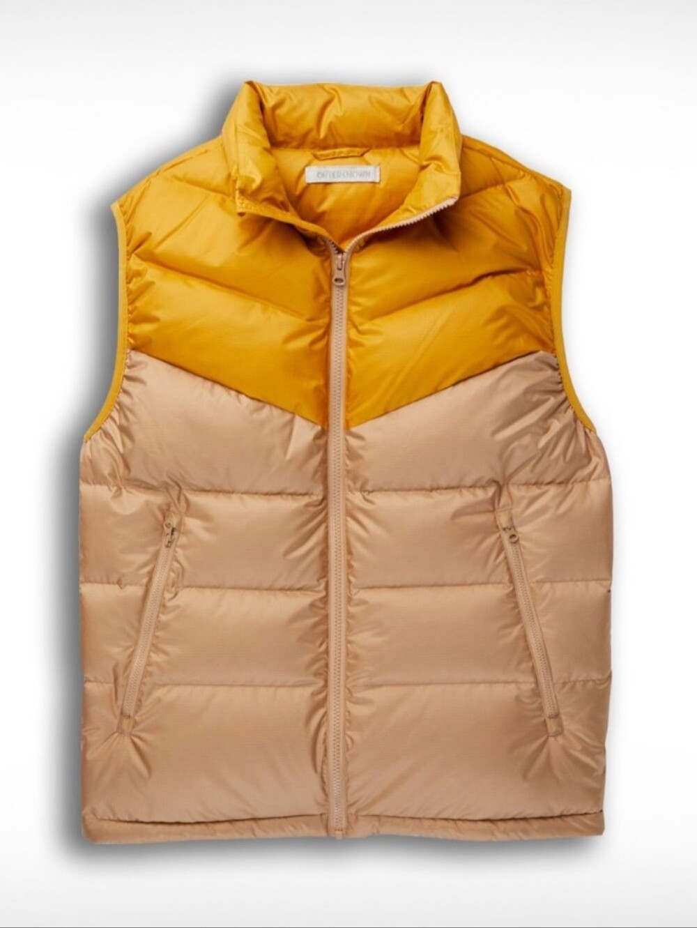 OUTERKNOWN SUMMIT PUFFER VEST SAND HARVEST DOWN COLORBLOCK SZ L